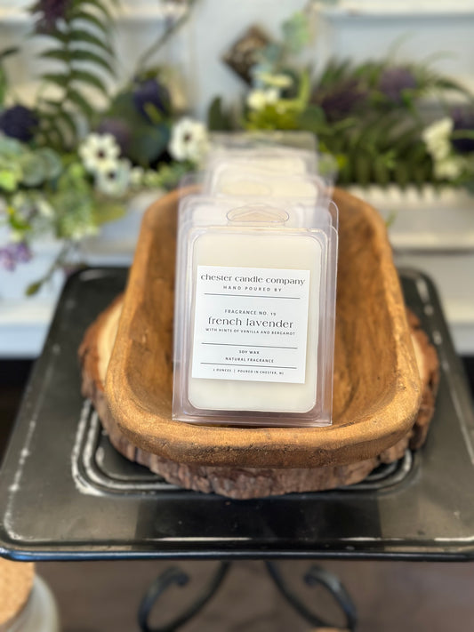 french lavender wax melt in a clear clamshell